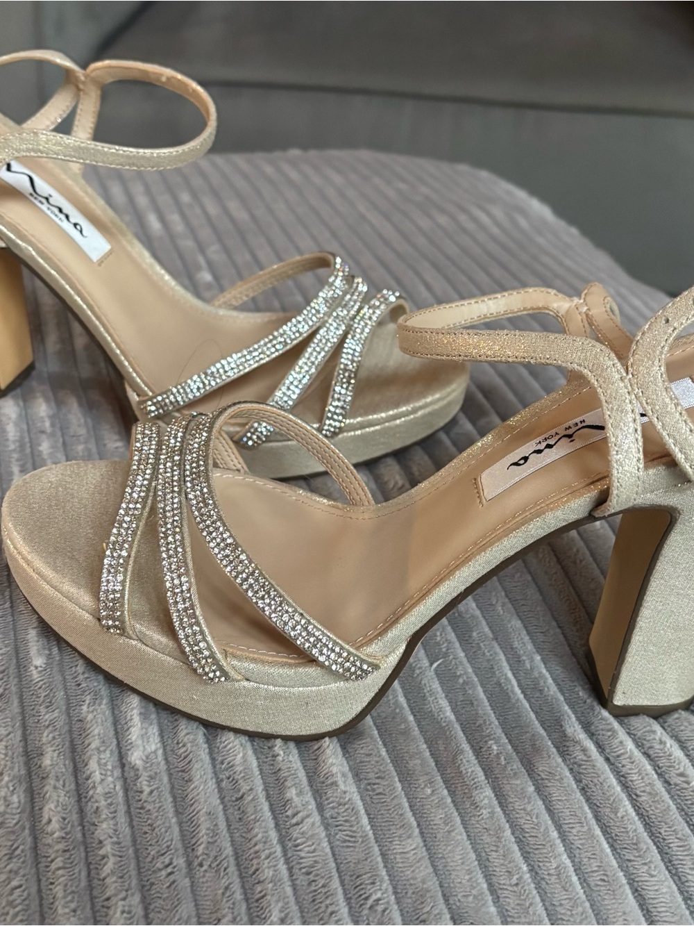 Nina Champagne Rhinestone Strappy Block Heel Sandals